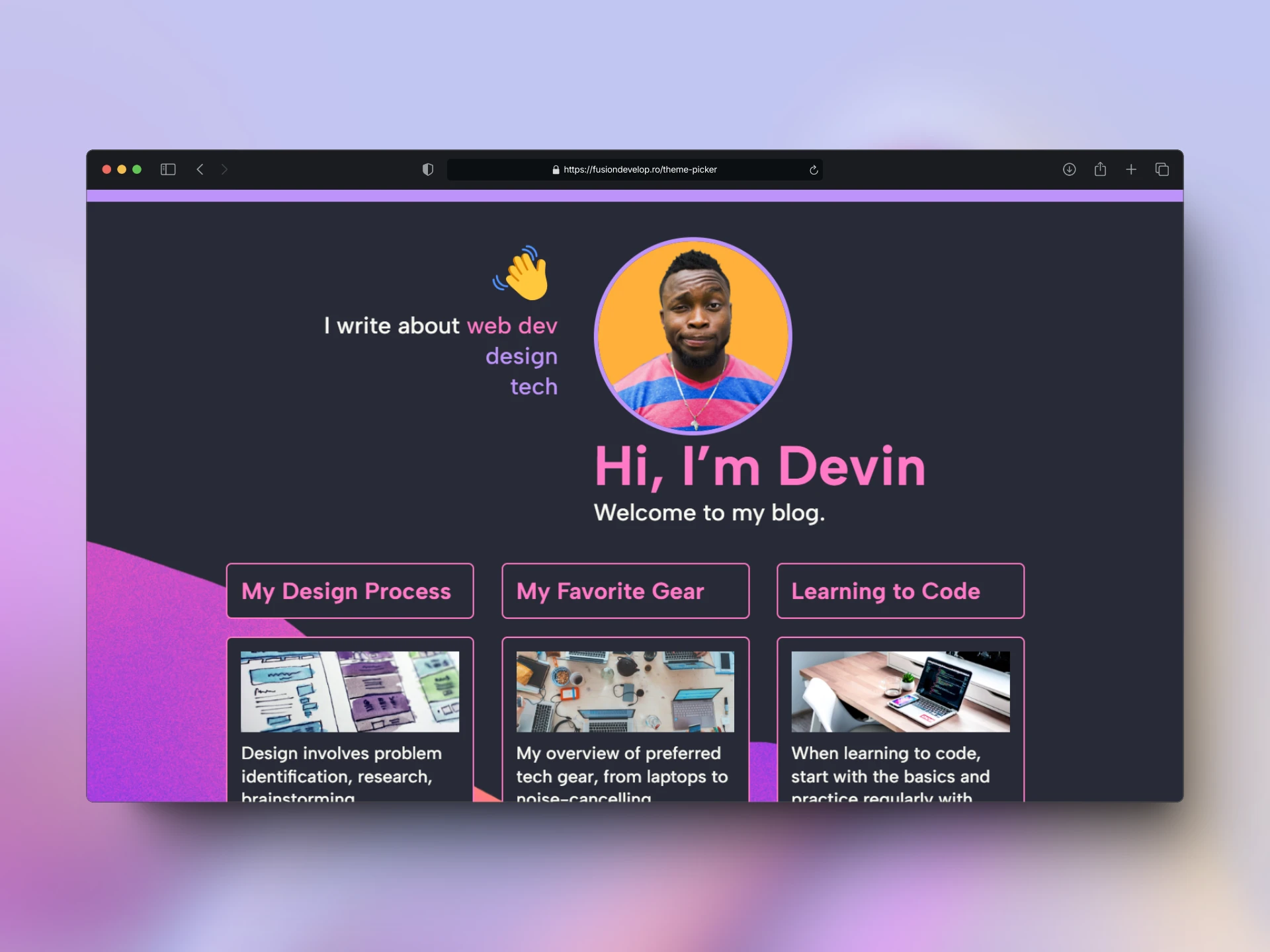 previzualizare in browser pentu blogul lui Devin